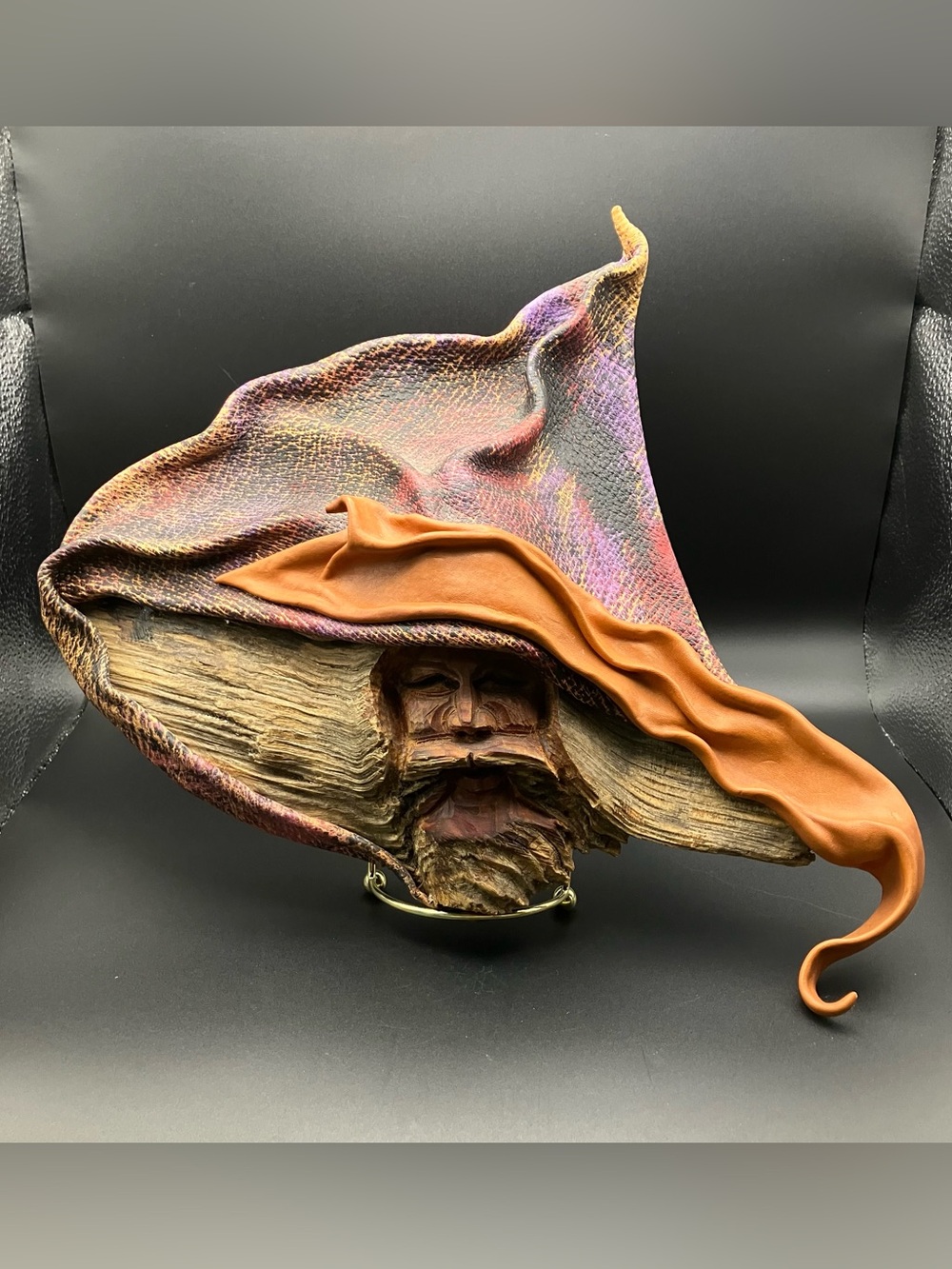 Handcrafted Wood and Leather Wizard Wall Art Sculpture in Multicolor and Brown
